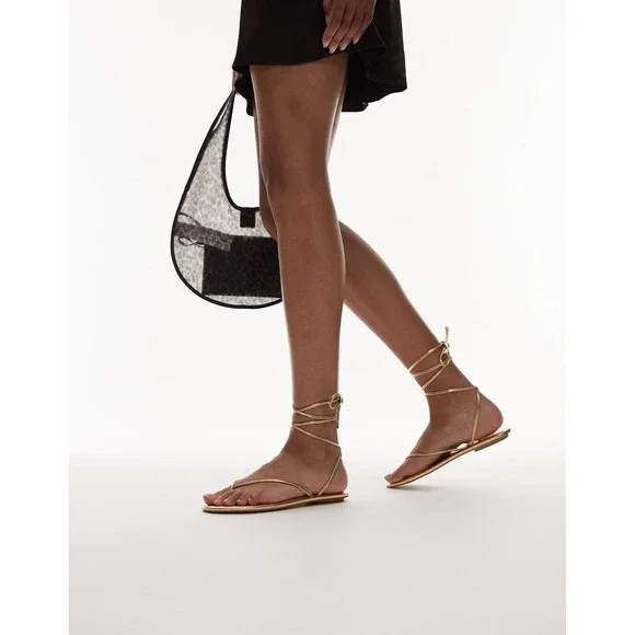 Mango MNG Womens Gold Metallic Wraparound Lace Up Flat Sandals Size 38 - Picture 12 of 14